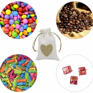 May include: Assortment of colorful candies, coffee beans, and small gift bags with a heart design. The bags are made of natural burlap fabric.