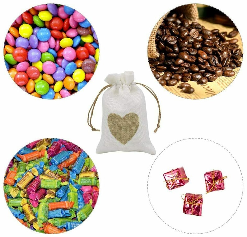 May include: Assortment of colorful candies, coffee beans, and small gift bags with a heart design. The bags are made of natural burlap fabric.