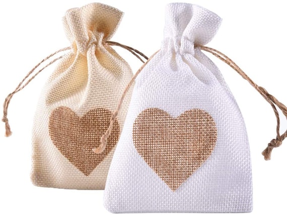 20pcs Jute Cloth Favor Pouches Wedding Party Burlap Heart Gift Bags Drawstring
