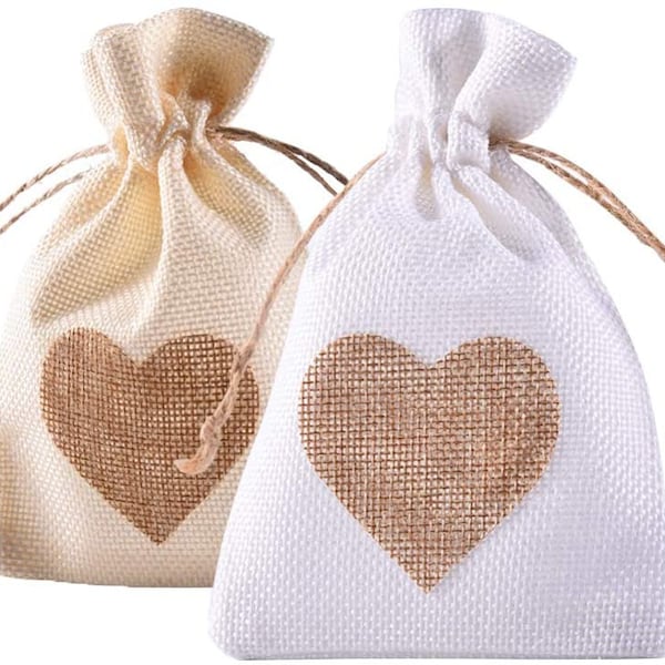 20pcs Jute Cloth Favor Pouches Wedding Party Burlap Heart Gift Bags Drawstring