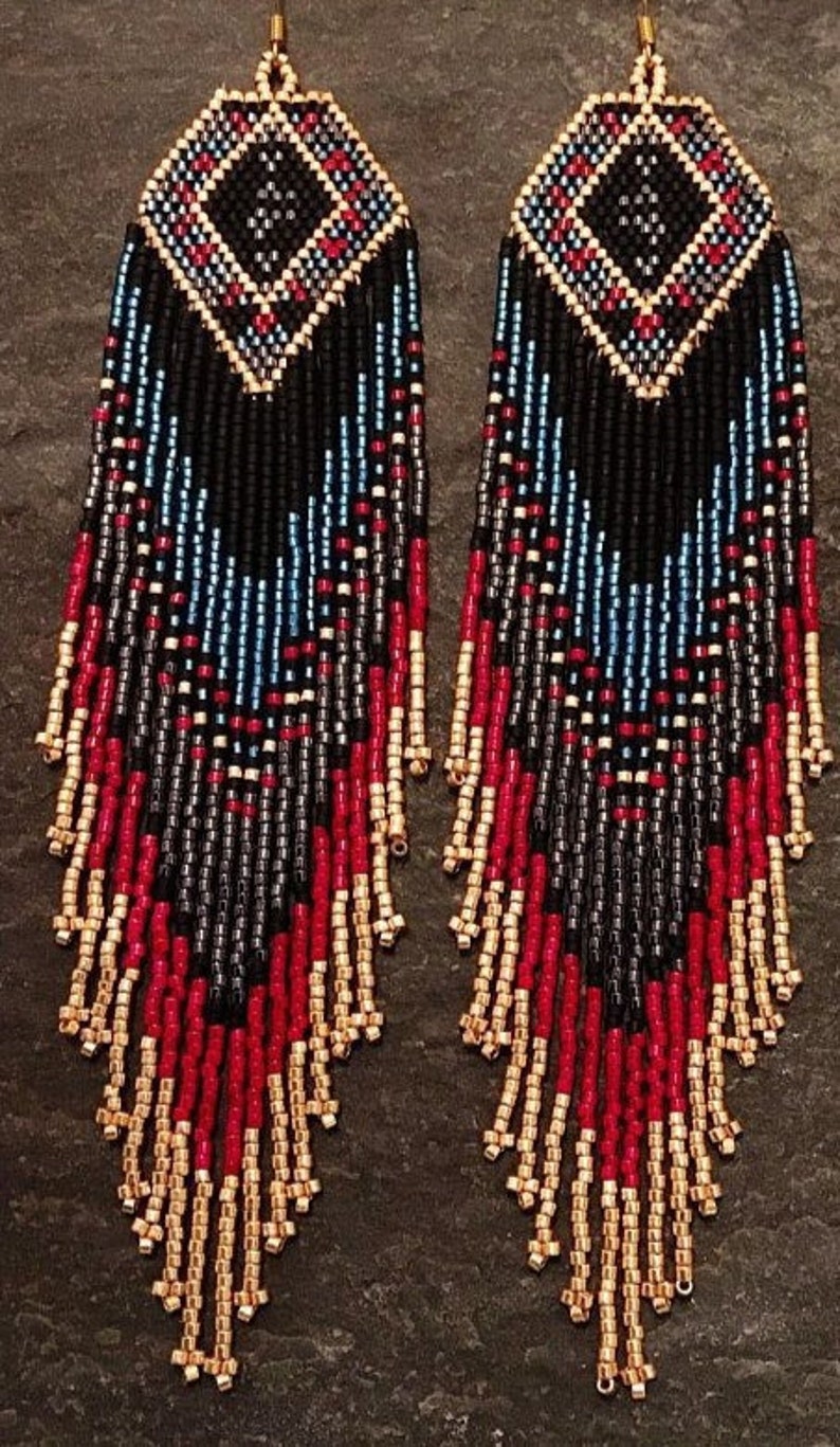 Native american earrings Fringe earrings Tribal earrings Seed bead earrings Colorful earrings Native style earrings Long dangle earrings