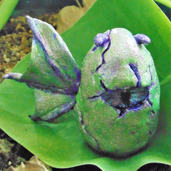 Clay Dragon Egg,  Sparkling Green and Purple Hatchling,  3.5" / 9 cm Tall