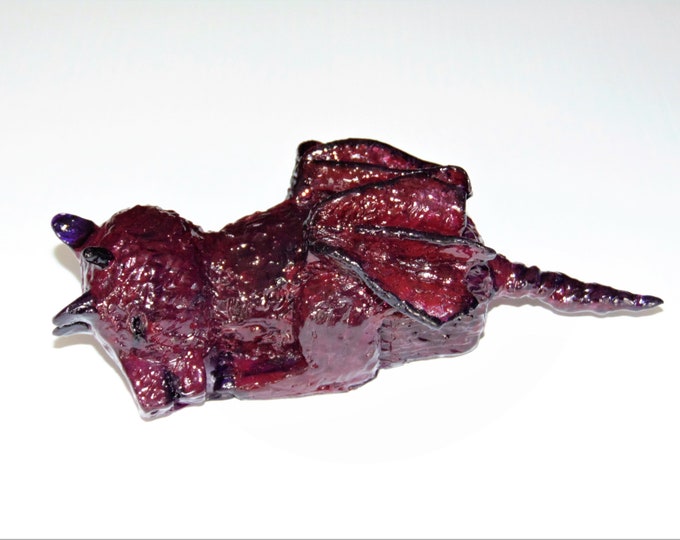Sleeping Magenta Resin Baby Dragon 7  17.5cm Dragon Sculpture Purple Baby Dragon