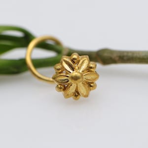 May include: A gold-colored nose ring with a floral design. The nose ring features a small, detailed flower with multiple petals and a central bead. The ring is set against a blurred background of green and white.