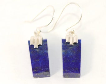 Unique Lapis Lazuli Earrings, Pure 925 Sterling Silver Classic Blue Color Natural LAPIS LAZULI Flat Stones Earrings, 1.3" Lapis Earrings