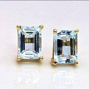 Natural Aquamarine Studs, Emerald Cut Aquamarine Earrings 7x5 mm Dainty Studs, March Birthstone Earrings, Gold Stud Earrings,Silver Earrings