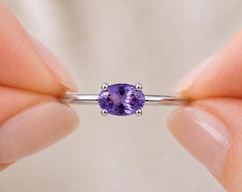 Anello con ametista naturale, pietra portafortuna di febbraio, anello di fidanzamento/matrimonio Est Ovest, gioielli in argento/oro 14 carati
