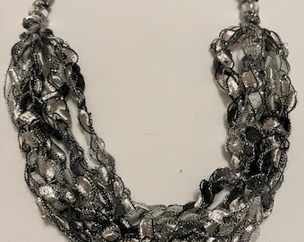 Crocheted Ribbon Necklace: Black, White & Silver Beaded Design