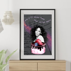May include: A framed art print showing a woman with dark curly hair and a watercolor cake topped with a strawberry and blueberry. The background is dark grey with handwritten text and the words "And I'll never have that recipe again."