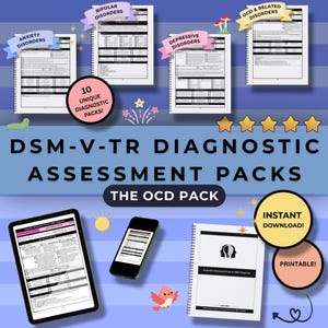 May include: Image of diagnostic assessment packs for conditions like anxiety and bipolar disorders. The title reads "DSM-V-TR Diagnostic Assessment Packs." A tablet, smartphone, and notebook are shown, displaying diagnostic forms. The text "Instant Download!" is also visible. The image is designed for print.