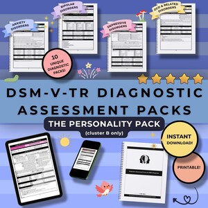 May include: An advertisement for DSM-V-TR diagnostic assessment packs. The image shows forms for different disorders, a tablet, a smartphone, and a notebook. Text includes "Instant Download" and "Printable!" The packs are for the Personality Pack.