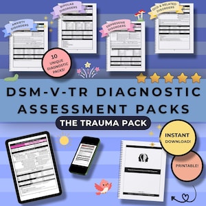 May include: A digital product image showcasing DSM-V-TR diagnostic assessment packs. The image includes documents for various disorders, a tablet, a smartphone, and a spiral-bound notebook. Text includes "Instant Download" and "Printable!"