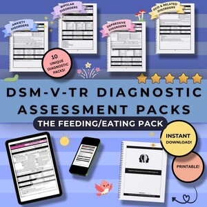 May include: Digital DSM-V-TR diagnostic assessment packs are shown, including forms for anxiety, bipolar, and depressive disorders. The image also features a tablet, smartphone, and a notebook. Text includes "Instant Download" and "Printable!"