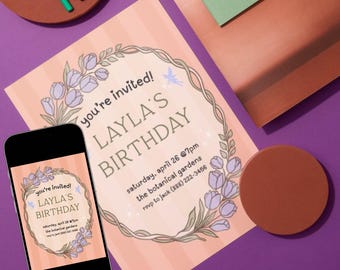 Botanical Party Invite | Birthday Card | Digital | Anniversary | Announcement | Wedding | Printable | Personalized Canva Template