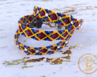 VENEZUELAN FLAG BRACELET primary colors gold plated heart bangle Yellow blue and red crystals. Colombia-Ecuador bracelet