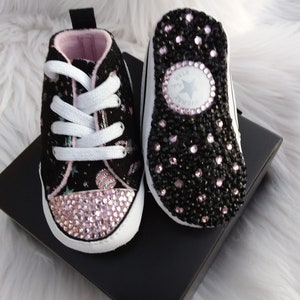 Sun, Moon, Stars Infant Black Bottom Converse with Pink Crystal Toe