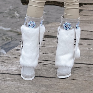 Grey Winter Mukluks with white natural fur, Traditional Women Yeti Snow Boots, warm Winter boots with Blue Handmade Embroidery and Pompoms