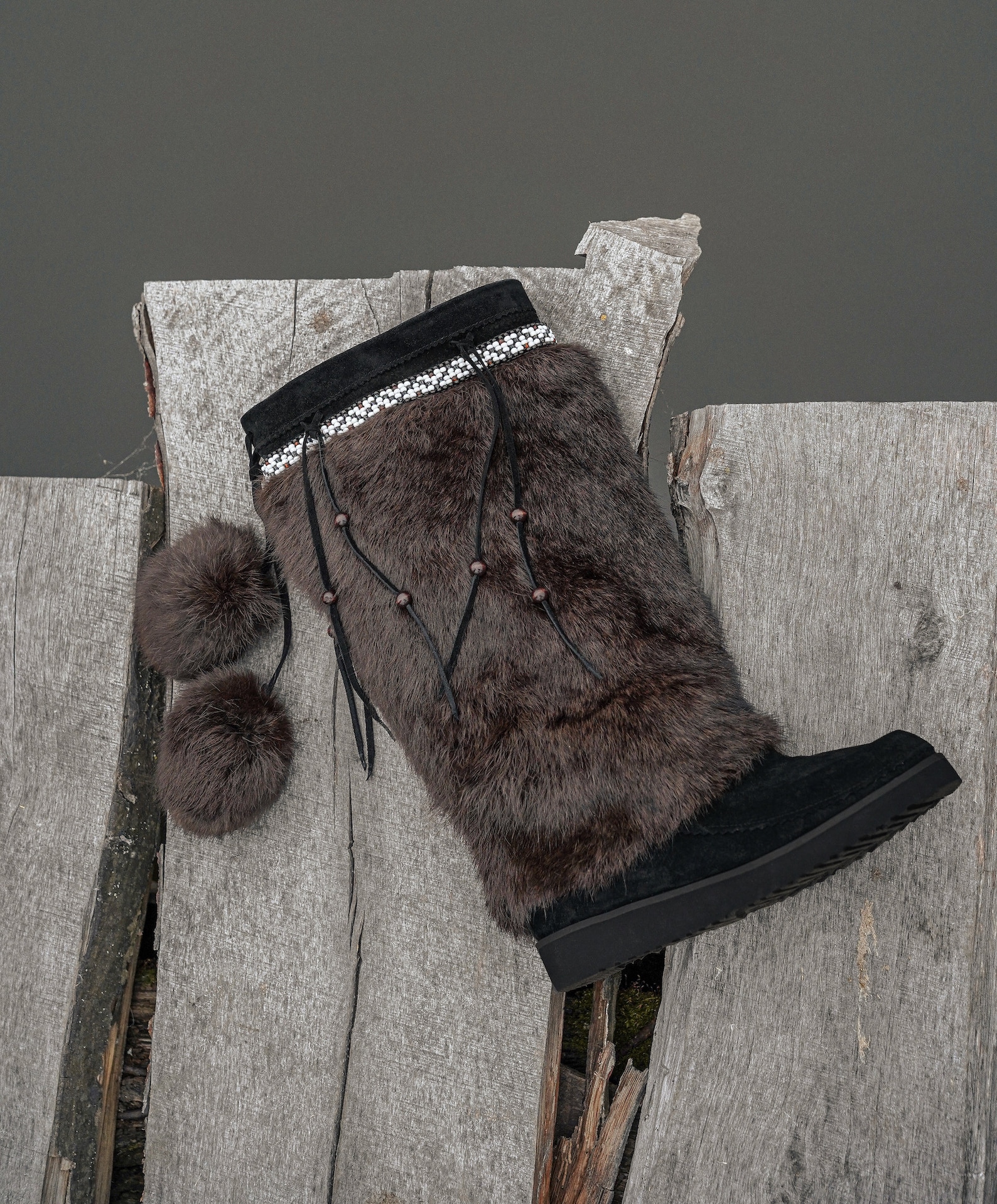 Black Winter Mukluks With Black Natural Fur, Traditional Women Yeti