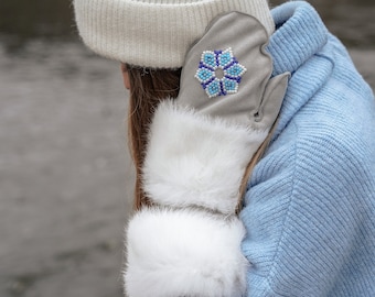 Grey Winter Mittens with white natural fur with Handmade Embroidery and Pompoms