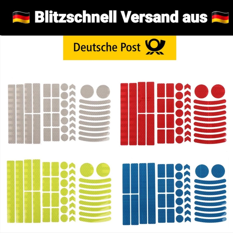 May include: Four sets of reflective stickers for bicycles. Each set includes a variety of shapes and sizes in different colours: grey, red, yellow, and blue.