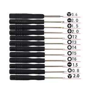 May include: A set of 12 screwdriver bits with black handles and silver metal tips. The bits are labeled with their sizes and types, including 0.6, 2.0, 1.5, 2.0, T2, T3, T4, T5, T6, 1.5, 0.8, and 2.0.
