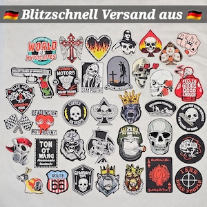 May include: A collection of 30 embroidered iron-on patches featuring various designs, including skulls, motorcycles, and other biker-themed imagery. The patches are colourful and feature a variety of styles, including cartoon, realistic, and abstract.