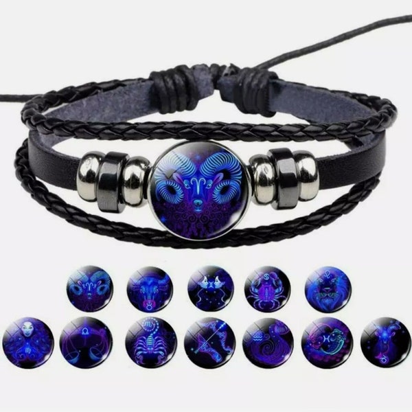 Leder Armband Damen Herren Surferarmband Sternzeichen Blau Geschenk Bracelet Horoskop Chunk Hohe Qualität