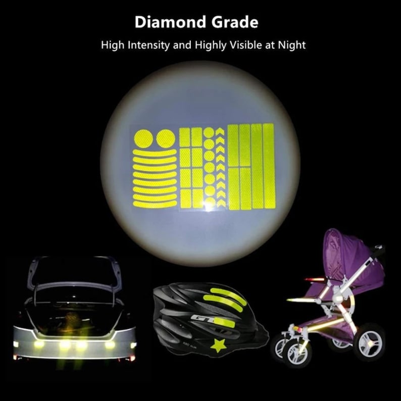 May include: A set of yellow reflective stickers for bikes, helmets, and pushchairs. The stickers are designed to increase visibility at night. The text "Diamond Grade" and "High Intensity and Highly Visible at Night" is displayed above the stickers.