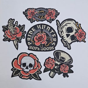 Parches termoadhesivos, parches termoadhesivos, parches de roca, varios modelos, parches termoadhesivos de tela, calavera rosa