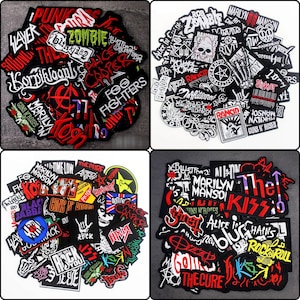 Peut inclure: Un ensemble de 50 patchs thermocollants représentant divers logos de groupes de rock, dont Guns N' Roses, The Cure, Marilyn Manson et The Ramones. Les patchs sont noirs, blancs et rouges avec différentes polices et designs.