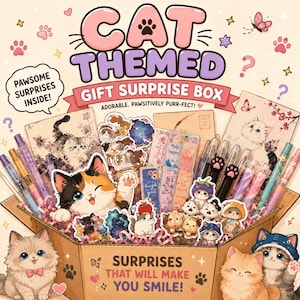 May include: A cardboard gift box filled with cat-themed stationery, including pens with paw-print toppers, bookmarks, and stickers. The box features text reading CAT THEMED GIFT SURPRISE BOX, PAWSOME SURPRISES INSIDE!, and SURPRISES THAT WILL MAKE YOU SMILE!