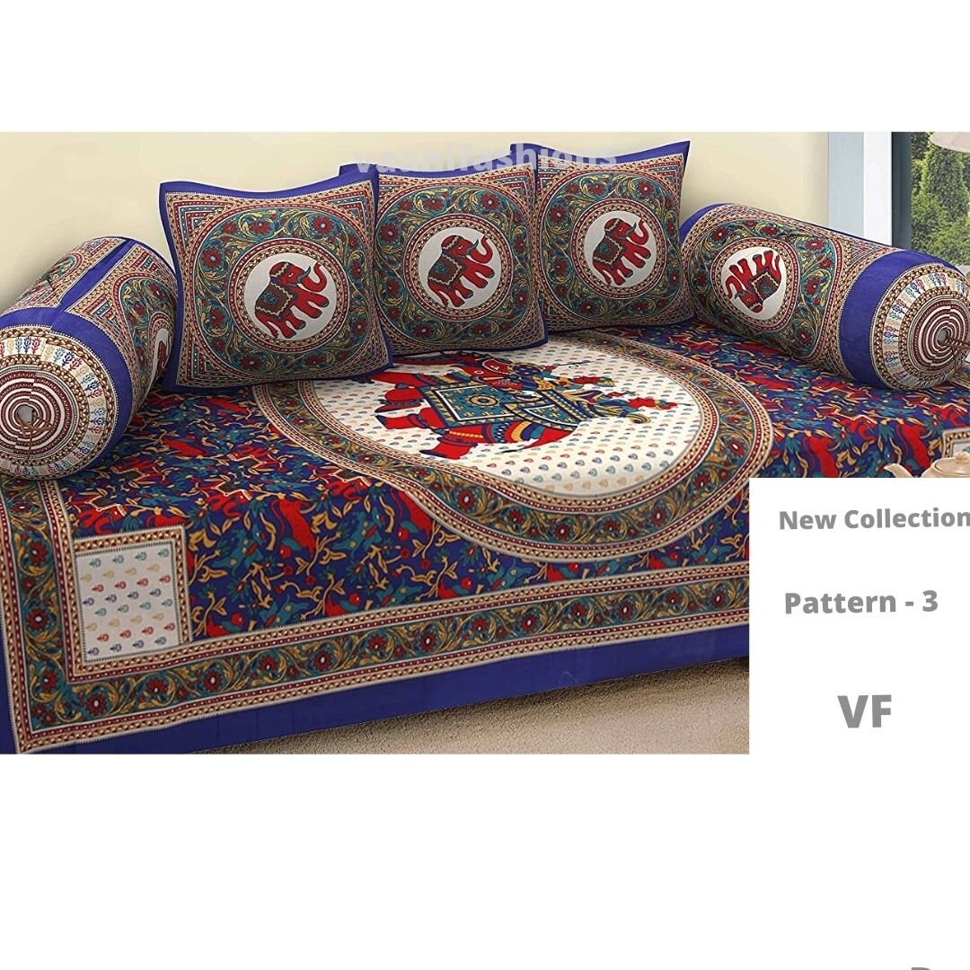Indian Rajasthani Jaipuri Diwan Sets, One Bed Sheet, 2 Bolster Cover, 3