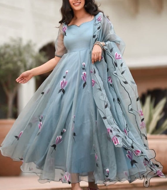 Buy Sky Blue Georgette Floral Printed Anarkali Suit Anarkali Online in  India - Etsy