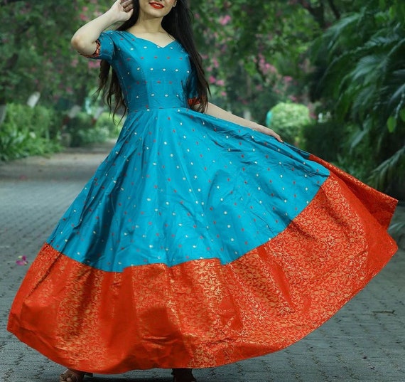 Blue Silk Long Dress With Dupatta