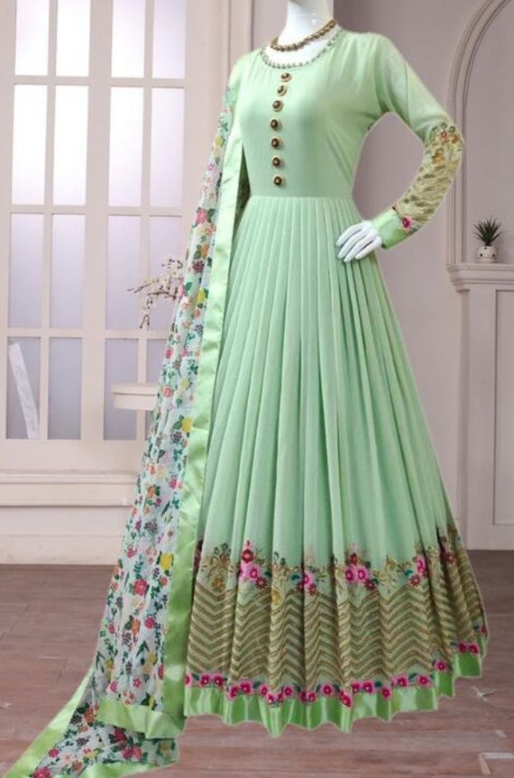 costume anarkali de pêche net brodé avec dupatta - AS3594