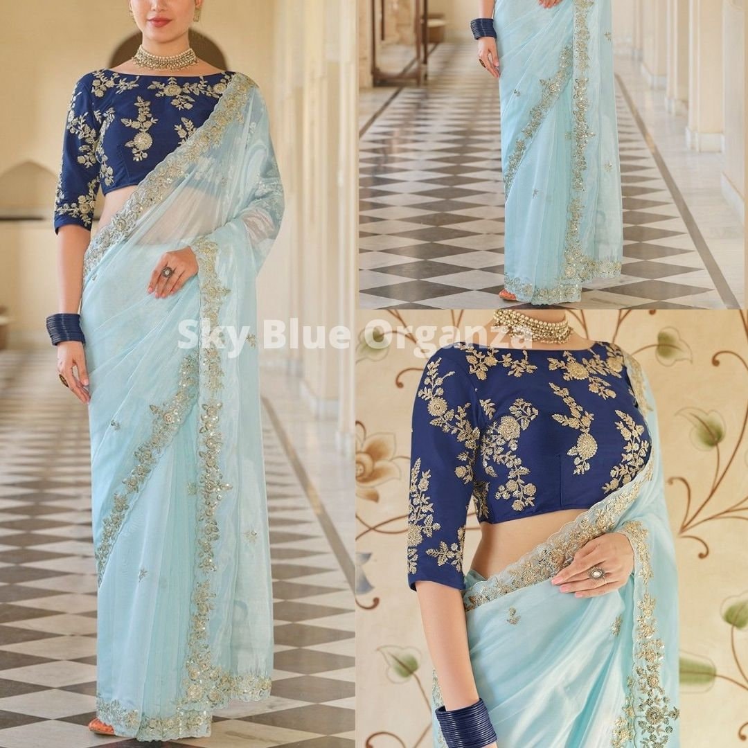 Buy Sky Blue Saree Women's Saree Organza Saree Thread Work Online ...