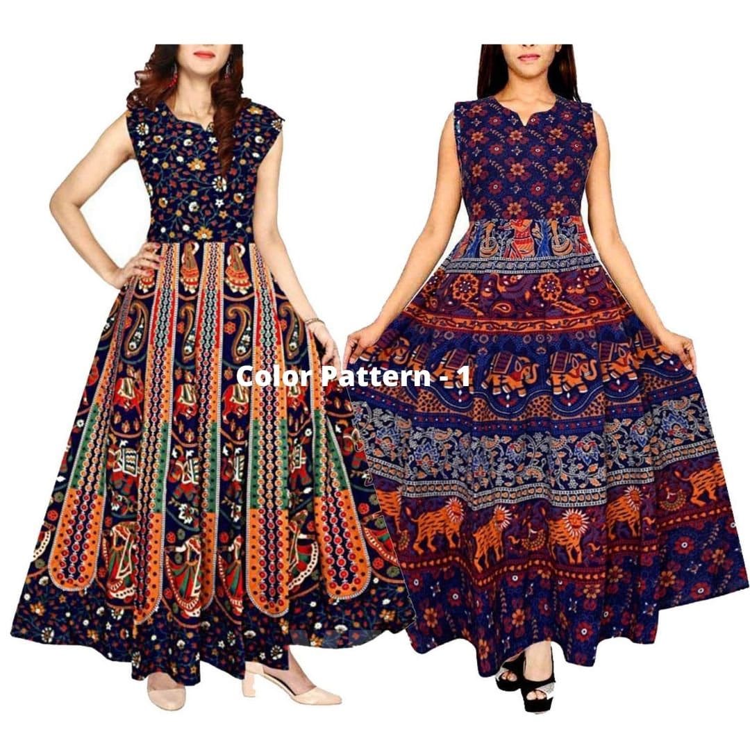 Pack of 2 Rajasthani Maxi Dress, Jaipuri Printed Maxi Dress, Sarong