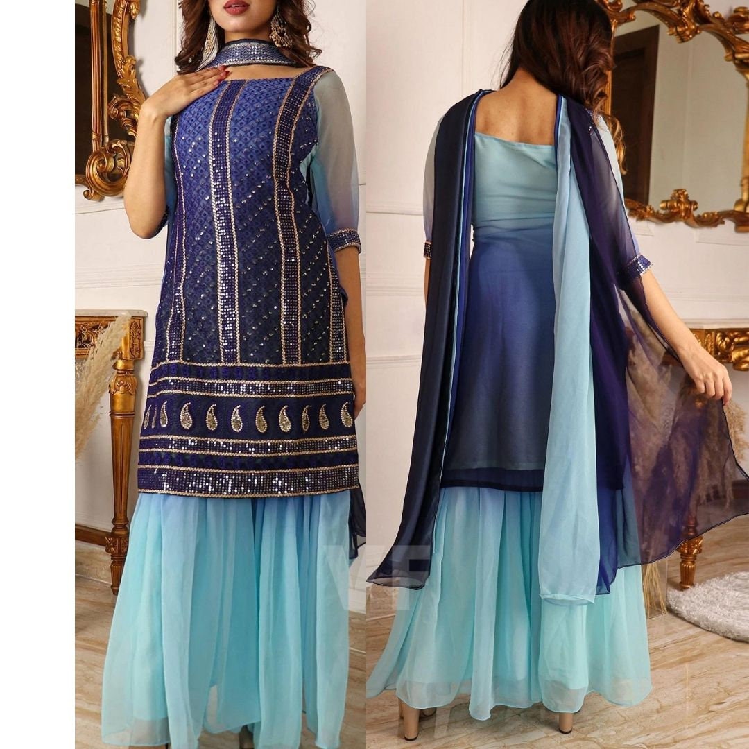 Plazzo Suits in Georgette with Sequence Embroidery Work Best Sharara Suit for women Sharara Set.