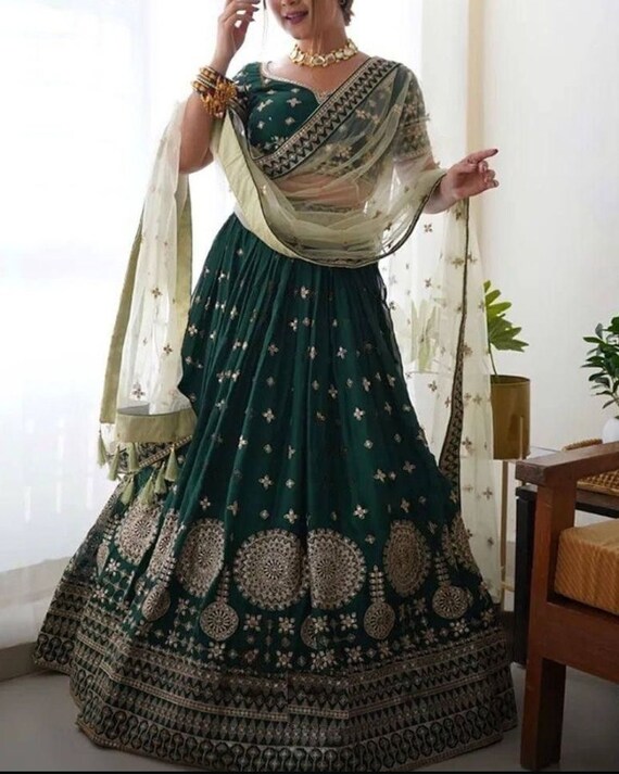 Dark green shop lengha