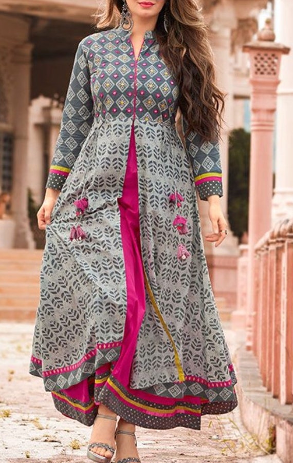 Grey Pink Printed Kurti Long Layeard Kurti Traditional - Etsy UK