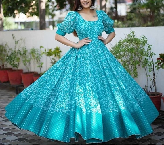 Sky Blue Anarkali Gown Pant Set With Dupatta, Indian