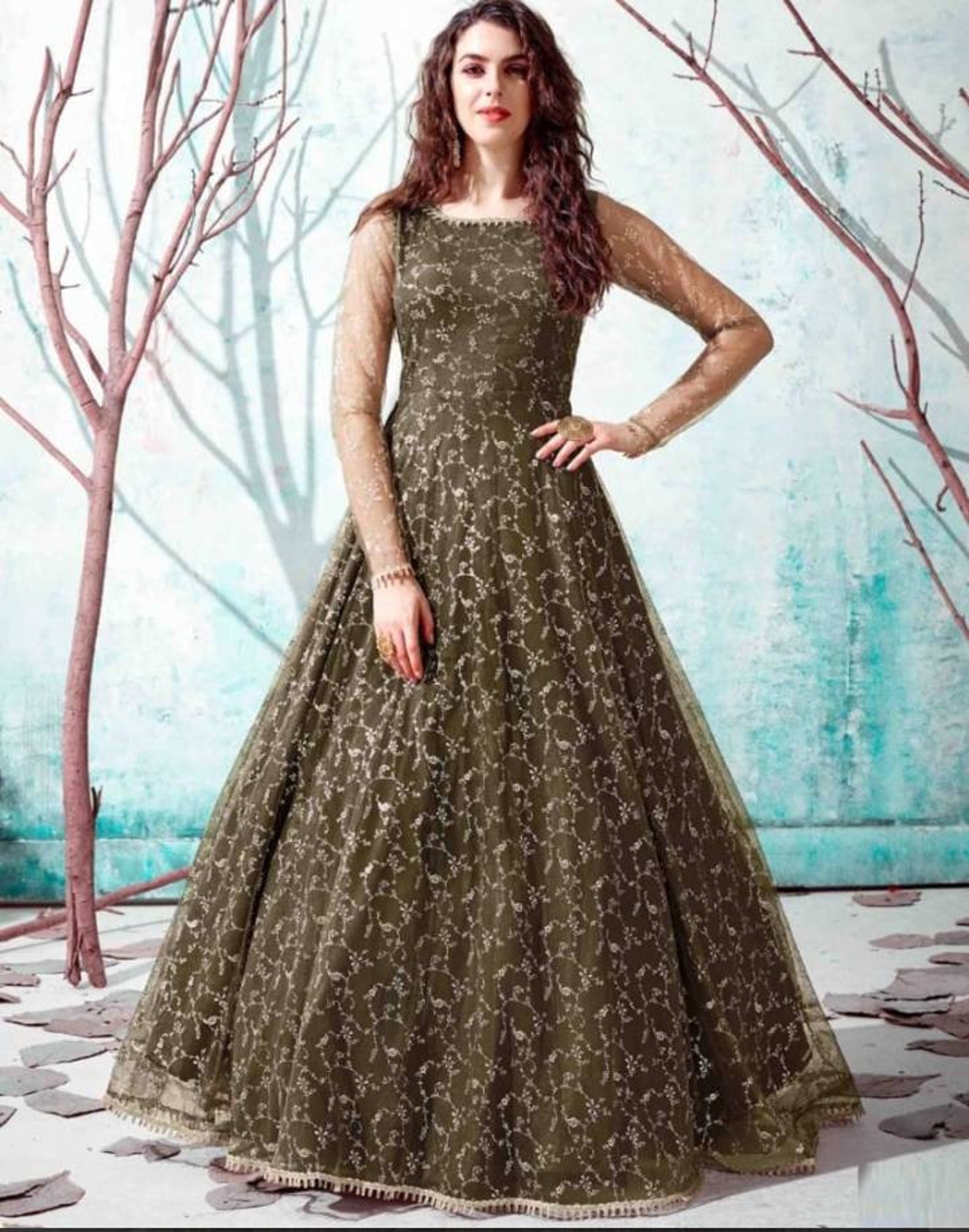 Olive Green Gown Women's Long Layer Net Gown Designer Etsy