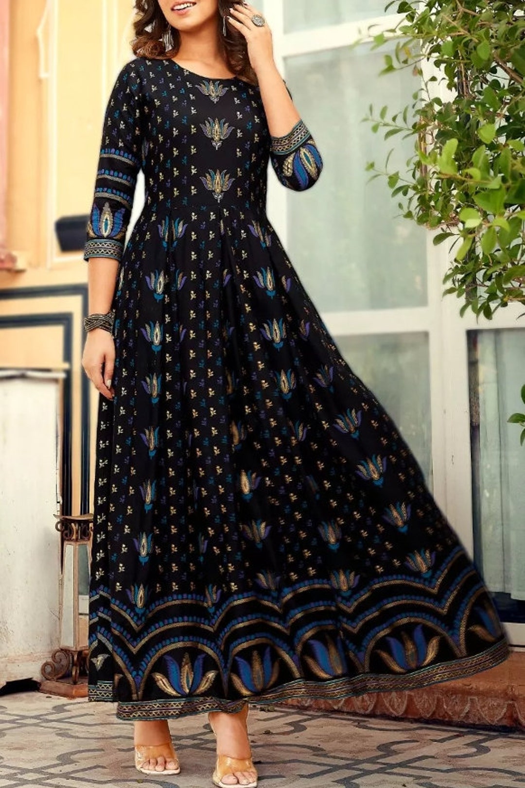 Black Women's Kurti Rayon Cotton Printed Flared Long - Etsy UK