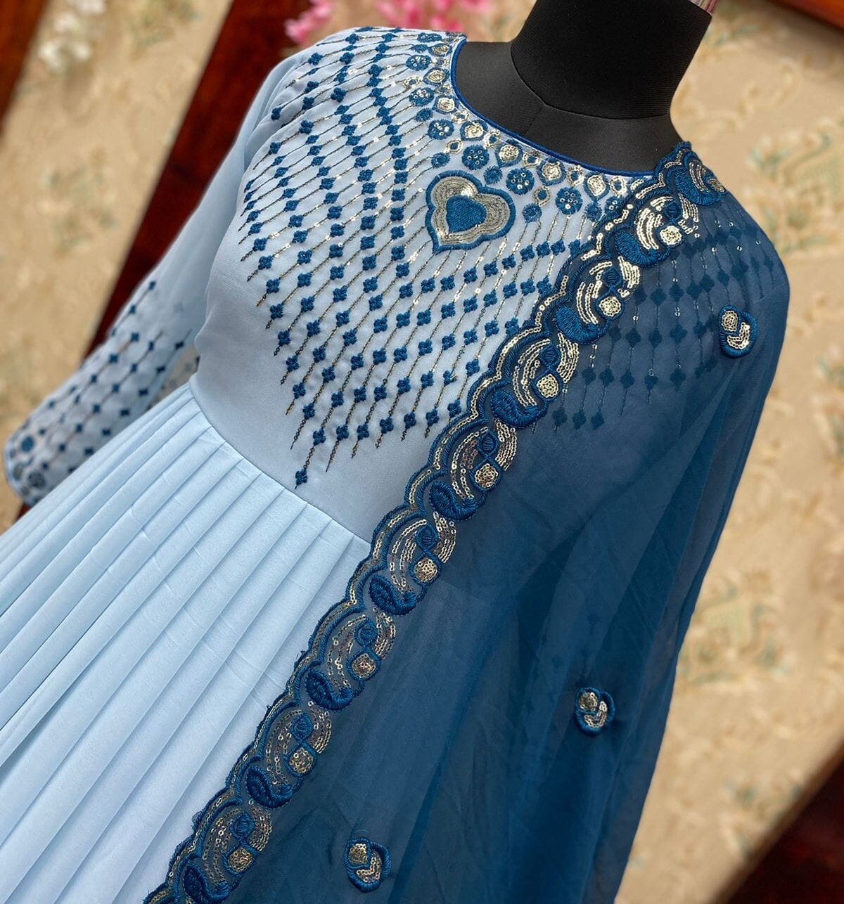 Elegant Pure Fox Georgette Anarkali Gown Set with Embroidered Dupatta & Pant