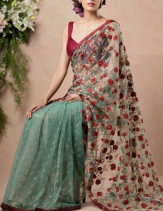 Party Wear Saree Half Half Saree Net Saree Embroidery Etsy Norway