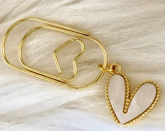 Planner clip, heart-shaped ivory resin journal charm with gold filigree hardware, gold metal heart paper clip, gift for bff