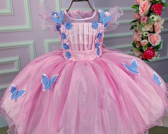 Butterfly Flower Girl Dress/ Pink Birthday Party Ball  Gown/ Special Occasions Girls Party Dress/ Photoshoot Baby Girl Dress/ 1st Birthday