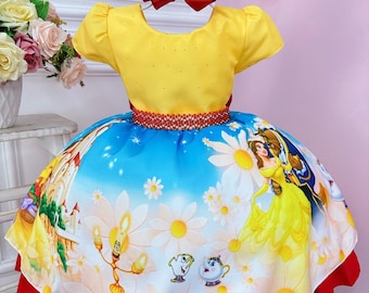 Princess Belle Dress/ Beauty And The Beast Birthday Outfit/ Baby Girls Belle Dress/ Toddlers Party Costume Cosplay/ Girls Ball Gown Pageant