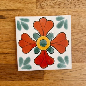 Red & Green Flower Talavera Coaster / Mexican Tile / Southwest Home Decor / Backsplash / Kitchen / Bathroom / Coffee Table Coaster