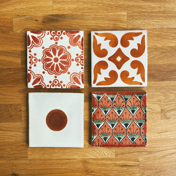 Desert Boho Talavera Tile Combo / 4 Pack of Coasters / Flowers / Talavera Tile / Mexican Tile / Orange & Pink / Sunset